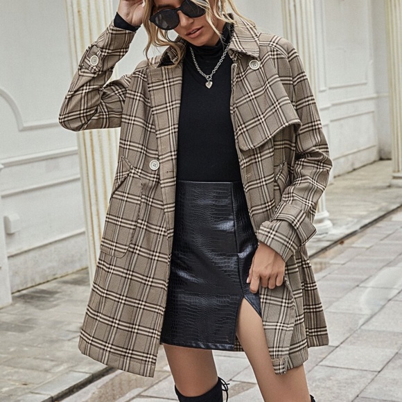 plaid button pocketed trench pea coat brown camel - Picture 3 of 9